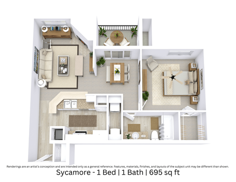Floor plan for 1 bed, 1 bath, 695 sqft
